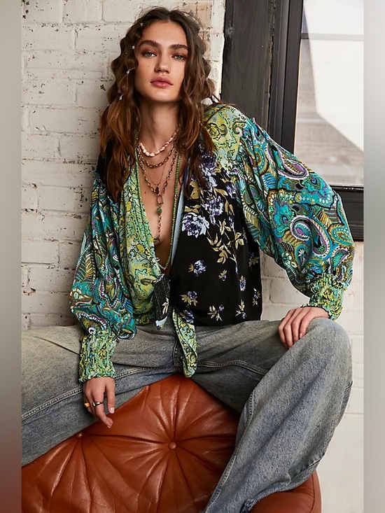 Free People Tops - Free People Gemini Blouse Boho Button Up V-Neck Sz. S